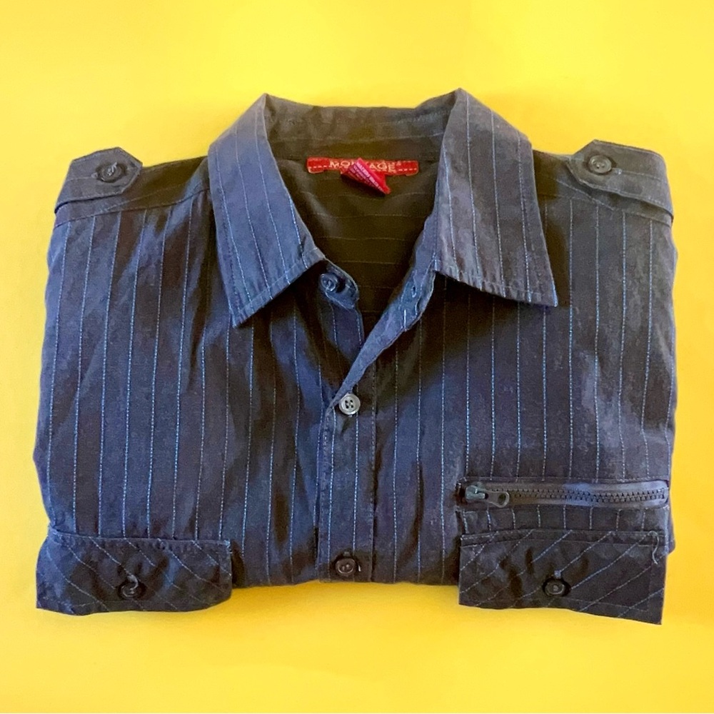 MONTAGE GRAY AND BLUE STRIPE EMBROIDERED LONG SLEEVE BUTTON DOWN ZIPPER POCKET